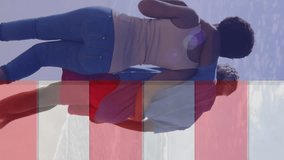Animation of america flag in heart over american flag, african american couple walking on beach. Digital composite, multiple exposure, love, togetherness, freedom and patriotism concept. - Powered by Shutterstock - Get 15% off with code: PIKWIZARD15