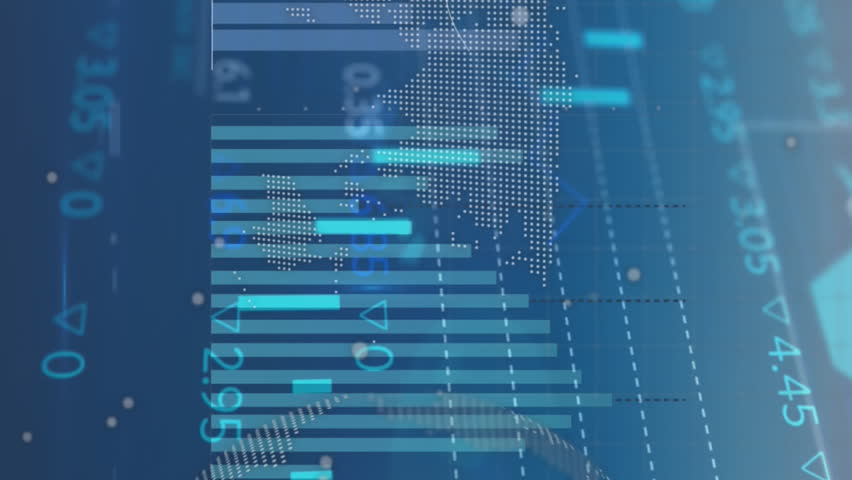 Animation of statistical and stock market data processing over world map and spinning globe. Global economy and business data technology concept - Powered by Shutterstock - Get 15% off with code: PIKWIZARD15