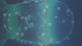 Animation of viewfinders around human face representation and connected icons forming globes. Digitally generated, hologram, communication, globalization, anatomy, medical, coding and technology. - Powered by Shutterstock - Get 15% off with code: PIKWIZARD15