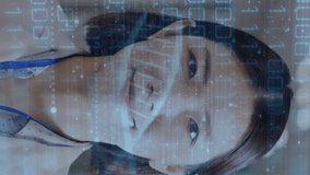 Animation of data processing and dna strands over asian female doctor working in hospital. Global medicine, healthcare, computing and digital interface concept digitally generated video. - Powered by Shutterstock - Get 15% off with code: PIKWIZARD15