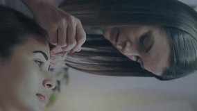 Animation of chemical formula over caucasian beautician and client. Global science, medicine, healthcare, lifestyle and digital interface concept digitally generated video. - Powered by Shutterstock - Get 15% off with code: PIKWIZARD15