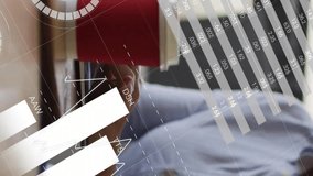 Animation of financial data processing over caucasian businesswoman using laptop in office. Global business, finances, computing and digital interface concept digitally generated video. - Powered by Shutterstock - Get 15% off with code: PIKWIZARD15