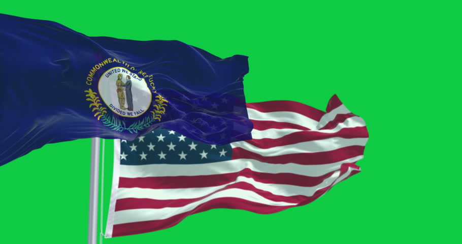 Kentucky state flag and the American flag waving in the wind isolated on green background. Seamless 3D render animation. Chroma key. Slow motion loop. Green screen. 4K. Selective focus