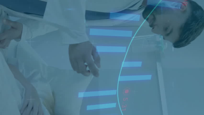 Doctor consulting patient in hospital room, financial data animation over scene. Healthcare, consultation, medical, analysis, diagnosis, interaction - Powered by Shutterstock - Get 15% off with code: PIKWIZARD15