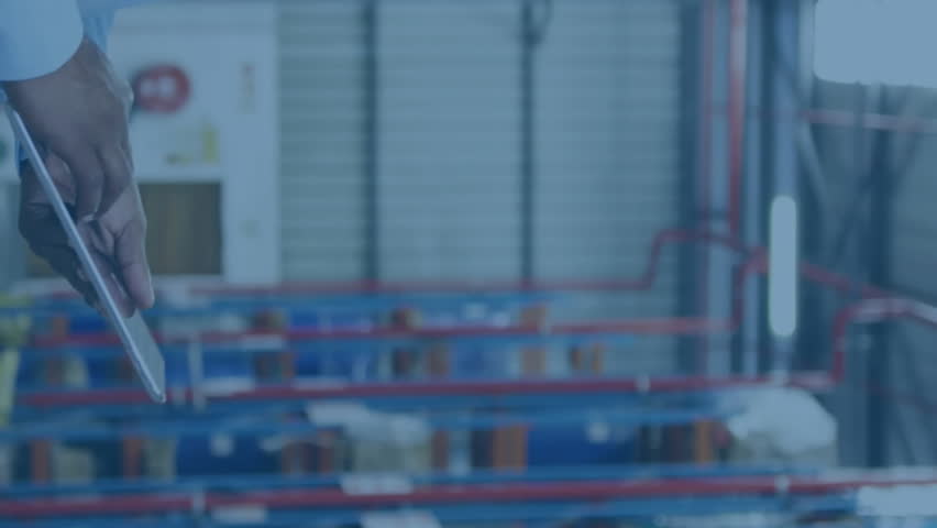 Warehouse worker using tablet, logistics data processing animation over warehouse background. technology, inventory, supply chain, management, efficiency, workplace - Powered by Shutterstock - Get 15% off with code: PIKWIZARD15