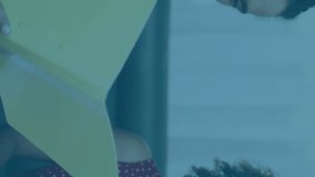 Stock market data animation over diverse business people discussing documents. Finance, teamwork, investment, analysis, corporate, economy - Powered by Shutterstock - Get 15% off with code: PIKWIZARD15