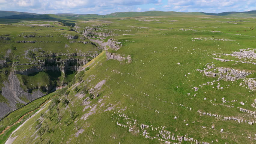 Aerial Drone View of Gordale Scar Limestone Gorge in the Yorkshire Dales National Park