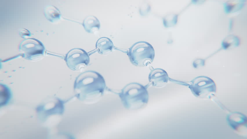 3D render of floating molecules in clean blue liquid, representing skincare, anti-aging, and scientific innovation. Perfect for cosmetic, biotechnology, or medical-themed video content.