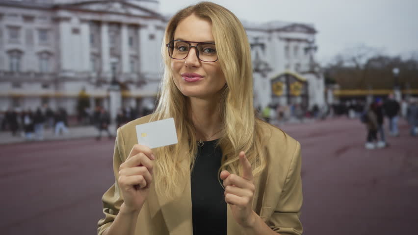 Woman smiling outdoors holding a credit card in front of a historic building with glasses and a coat in a crowded street setting.