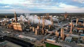 Aerial view of a vast oil refinery with multiple chimneys, tanks, and industrial units. - Powered by Shutterstock - Get 15% off with code: PIKWIZARD15