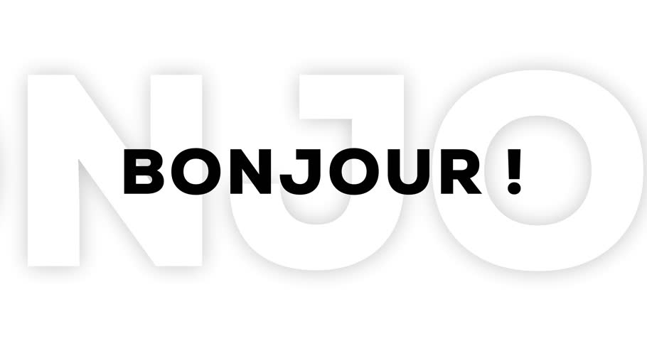 Animated text Hello, Bonjour, Konnichiwa, and Merhaba on a white background. Suitable for video openings, portfolios, social media, and greetings.