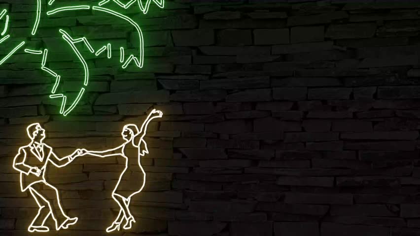 Animation of couple dancing under palm tree illuminated 3d illustration retro neon sign flickering 10s 4k video animation, add your own text, sweet and eye catching for party invitations 
