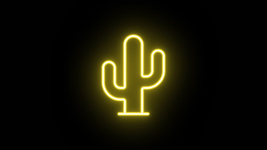 Neon cactus icon animation, uniform rotation with color blink. Glowing neon 3D cactus plant, looped spin with blink. Saguaro cactus icon, western adventure, mexican desert, wild nature. 4 colors