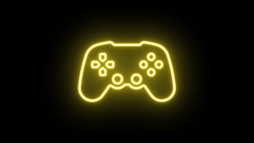 Neon gamepad icon animation, uniform rotation with color blink. Glowing neon 3D wireless joystick icon, looped spin with blink. Wireless gamepad, gaming controller, computer games, esports. 4 colors