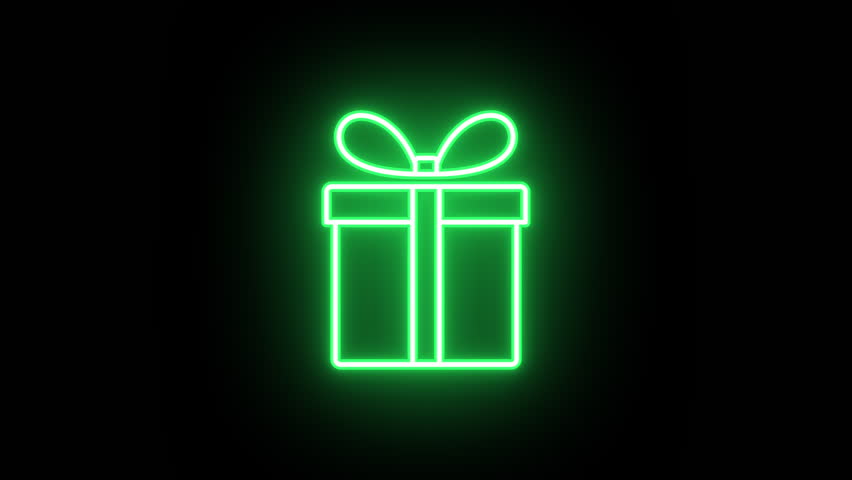 Neon gift icon animation, uniform rotation with color blink. Glowing neon 3D gift box icon, looped spin with blink. Festive present, birthday gift, surprise, bonus prize, giveaway reward. 4 colors
