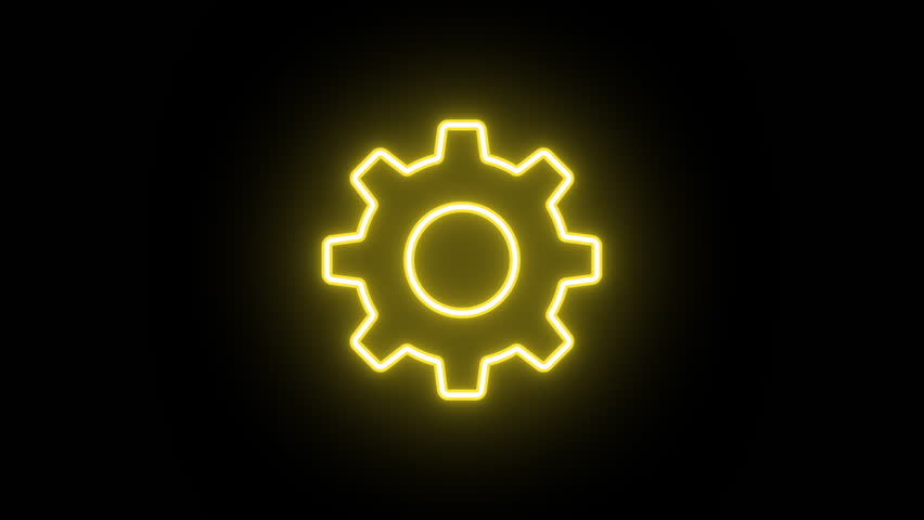 Neon cogwheel icon animation, uniform rotation with color blink. Glowing neon 3D gear wheel icon, looped spin with blink. Settings control, adjustment tool, system configuration, update. 4 colors