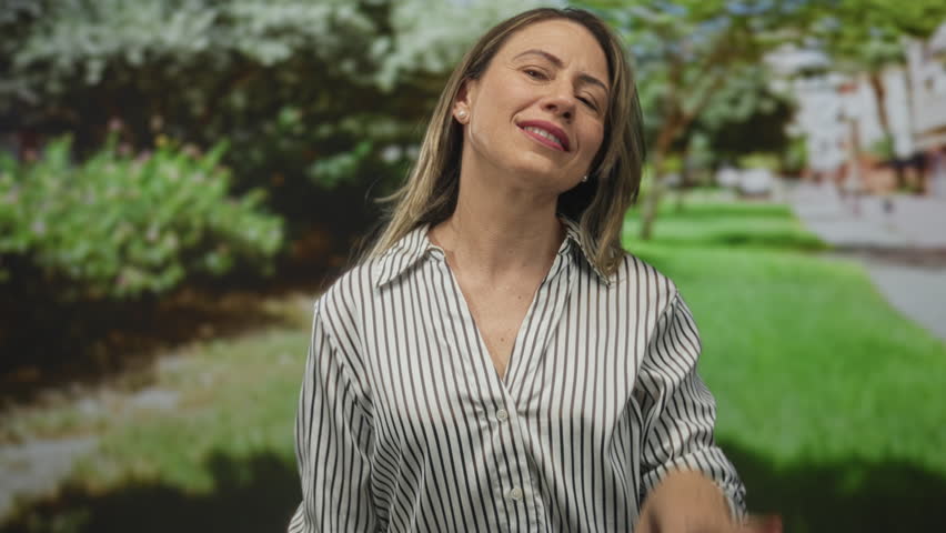 Woman in striped blouse makes ok sign with hand under park trees by green lawn; serenity mindfulness balance.