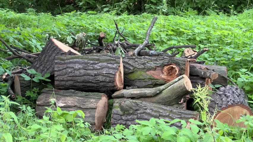 Stumps in the forest . A cut tree in the park. A green forest. Background.