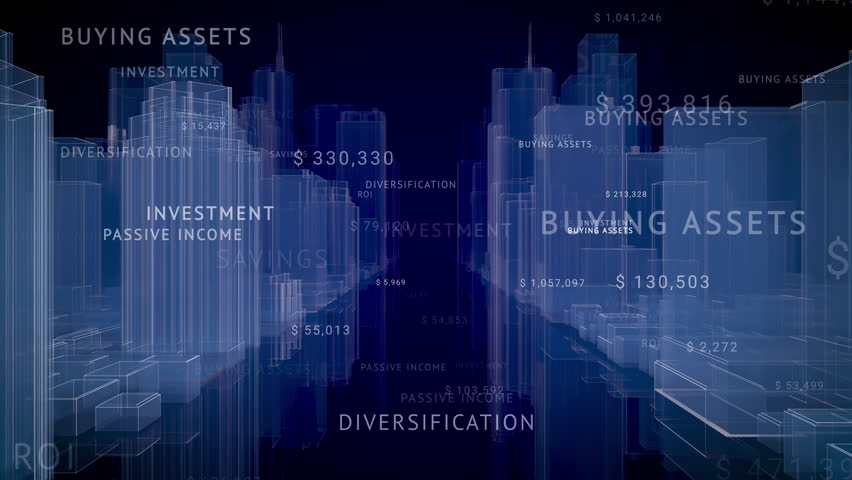 City HUD Invest words flying typography risk strategy growth research income blue background flying text. ROI words looping animation 2. 3D Illustration