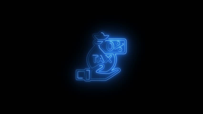 Neon Blue Hand Holding Money Bag with 0 Percent Tax Symbol Glowing on Black Background Financial