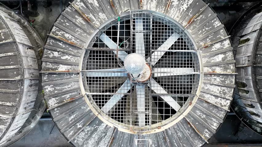Industrial cooling towers with circular vents seen from above, showing metallic symmetry.