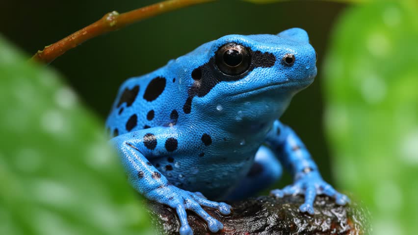 Blue poison dart frog rests on wet branch in rainforest. Extreme macro captures speckled skin, moisture, and filtered jungle light in slow, intimate motion.

