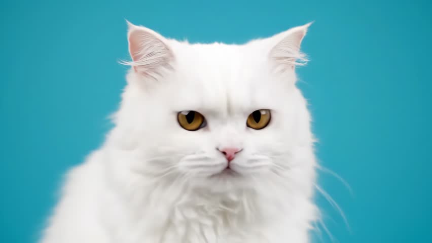 White Turkish Angora cat licks its lips in studio. Bright eyes, soft fur, and clean turquoise background create a playful, minimal pet portrait.

