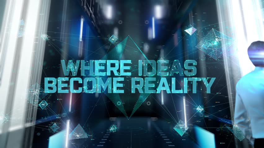 Where Ideas Become Reality. Man in Futuristic Office Interior Moving and Activating Hologram.