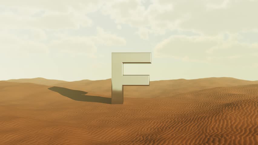 Metallic typographic letter f spinning slowly across sandy desert landscape, casting elongated shadow and revealing sleek chrome surface with high definition precision
