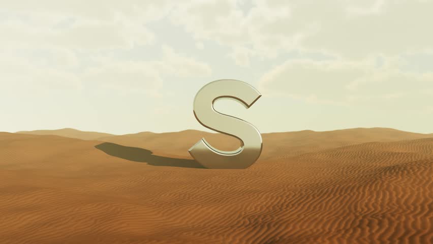 Metallic silver letter s standing alone amid desert sand dunes, reflecting sunlight against dramatic sky with gleaming chrome surface creating striking visual communication element