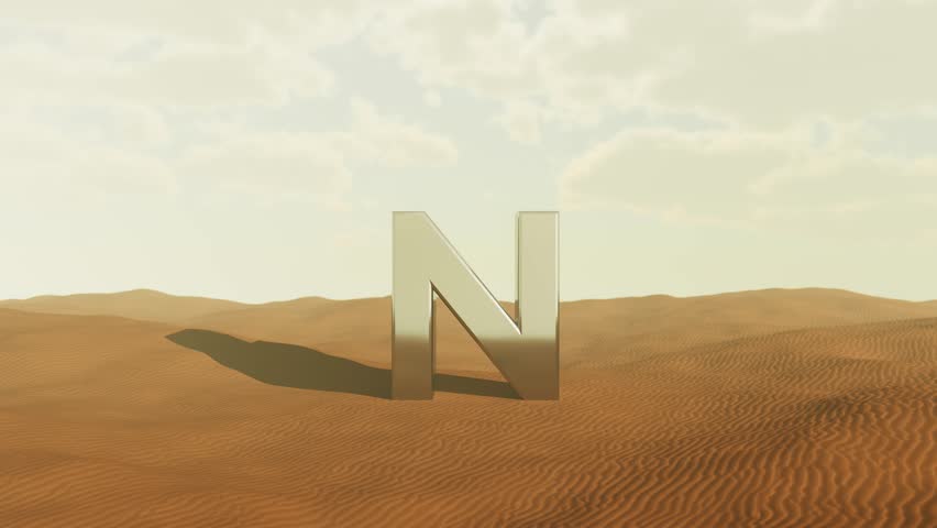 Chrome metallic letter n standing amid expansive desert sand dunes, gleaming against cloudy sky, creating surreal minimalist graphic design landscape