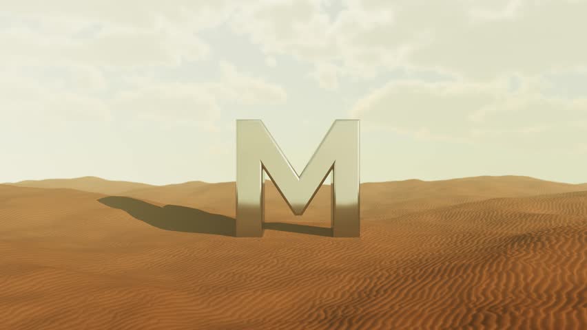 Metallic letter m standing in barren desert landscape, reflecting cloudy sky overhead, creating surreal visual experience with chrome surface and vast solitude