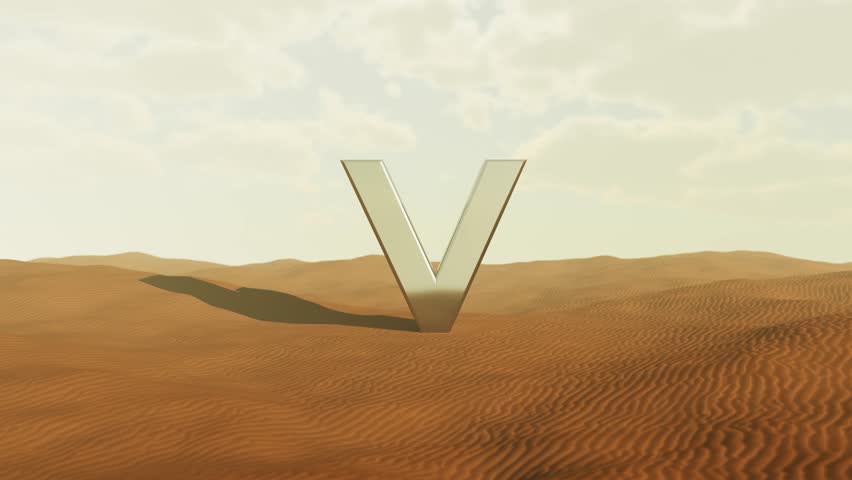 Massive metallic letter v rising from sandy desert landscape, gleaming silver surface reflecting cloudy sky during gradual zoom sequence, creating sense of isolation and visual intrigue