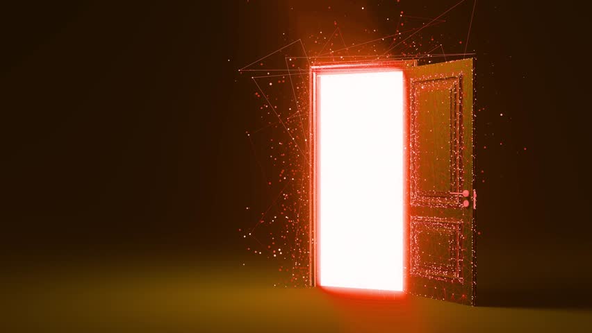Plexus network gradually revealing mysterious doorway, bright white light emerging from dark background, symbolizing transformative journey toward unknown possibilities and digital imagination