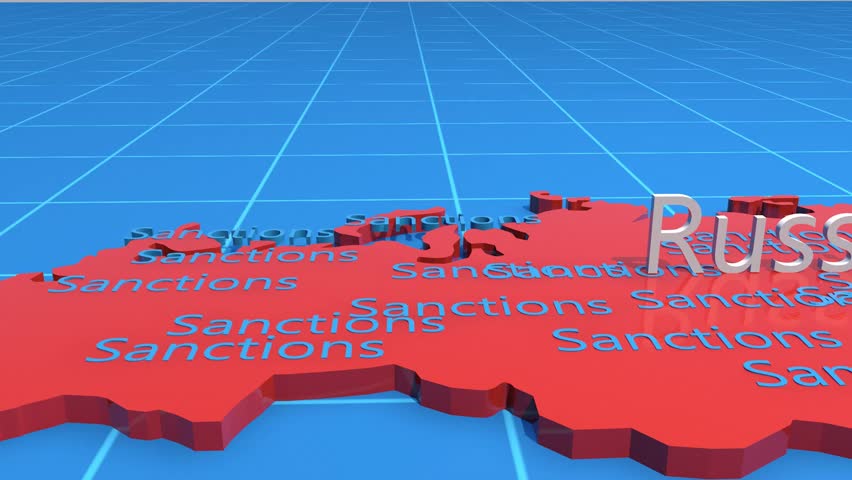 Sanctions against Russia. Map of Russia and restrictions imposed on it. The hand is holding a tablet.