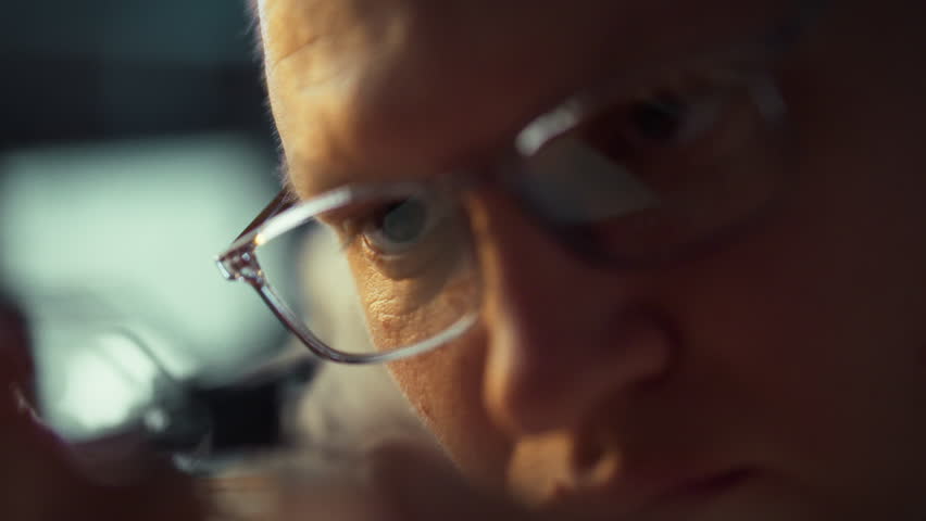 An individual is inspecting a small object closely, demonstrating intense concentration