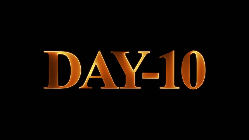 Day 10 text animation by golden color neon mask glow on black background. neon day 10.
