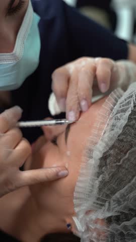 Beautician doctor makes botulinum toxin injection in the forehead of young beautiful woman. Close up 4k vertical shot