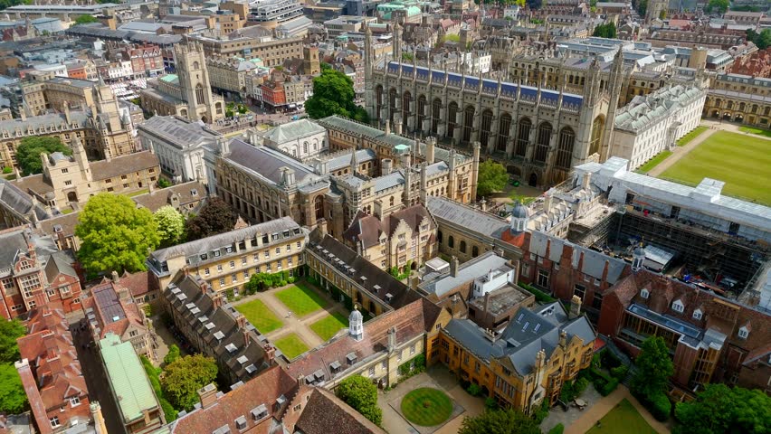 Aerial view of Cambridge University historic buildings including King's College Chapel, UK