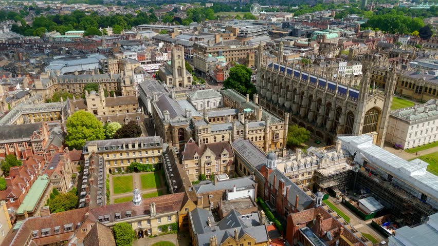 Panoramic aerial view of the historic Cambridge University colleges and King's College Chapel in Cambridge, England