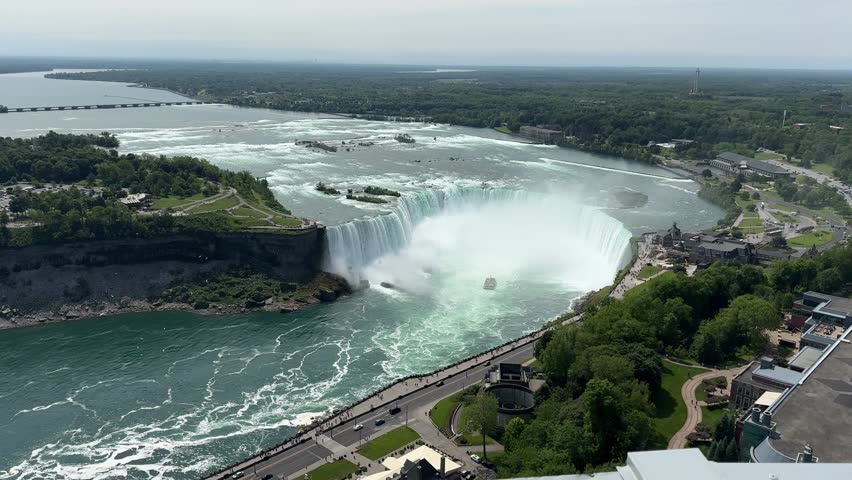 PAN SLOW Rainbow Bridge, the American, Bridal Veil, and Horseshoe Falls as seen from the Skylon Tower. Niagara Falls is a collective name for a group of three waterfalls situated on the Niagara River.