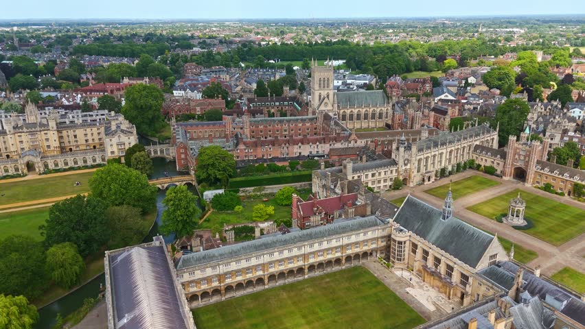 Panoramic aerial view of Cambridge University historic colleges, river Cam, and city on a summer day, UK
