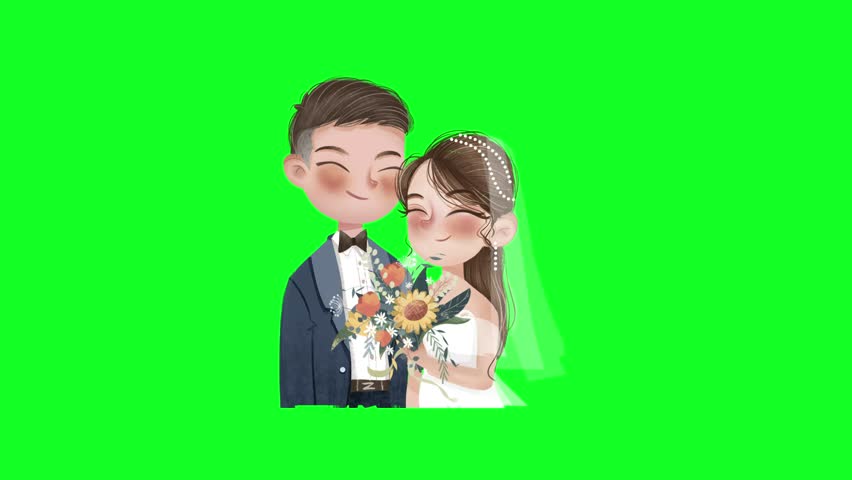 A charming animation of a bride and groom sticker pack featuring romantic wedding elements in a cute cartoon style. Ideal for wedding invitations, love intros, or celebration videos.
