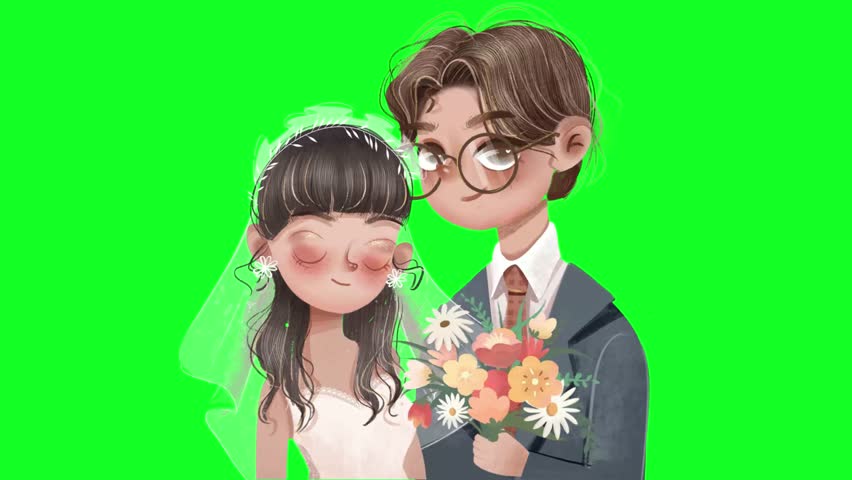 Cartoon wedding couple animation with sparkles, ideal for intros, romantic slideshows, or love-themed clips.