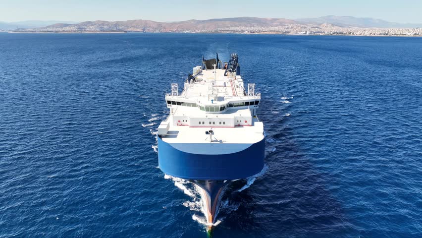 Aerial drone video of bow from RoRo (Roll on Roll off) vehicle carrier ship cruising in open ocean deep blue sea