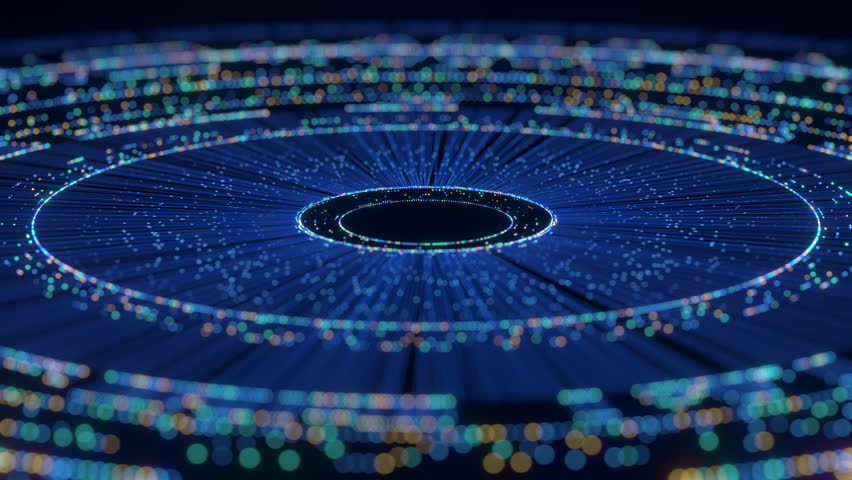 This abstract digital background showcases a dynamic visualization of interconnected blue lines, glowing colorful dots, and concentric circles, representing global networks, artificial intelligence,