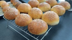 A batch of freshly baked, golden-brown burger buns, sprinkled with sesame seeds, cooling on a wire rack - Powered by Shutterstock - Get 15% off with code: PIKWIZARD15