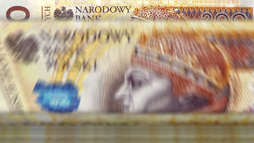 Poland zloty Polish money counting machine with banknotes. Quick 200 PLN currency note down rotation. Business and economy concept loopable and seamless background.