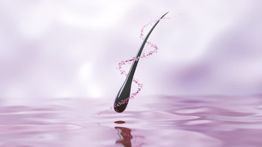 3D animation of a hair follicle absorbing serum in pink liquid, visualizing hair care science, hydration, and root repair in a cosmetic concept.