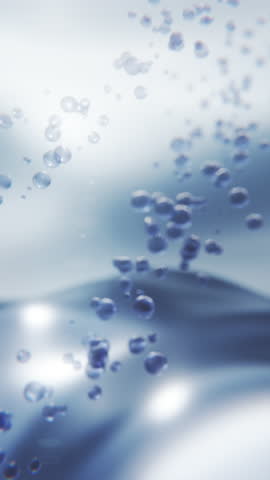 Vertical 3D animation of floating blue serum molecules, representing hydration, skin rejuvenation, and anti-aging skincare science in motion.